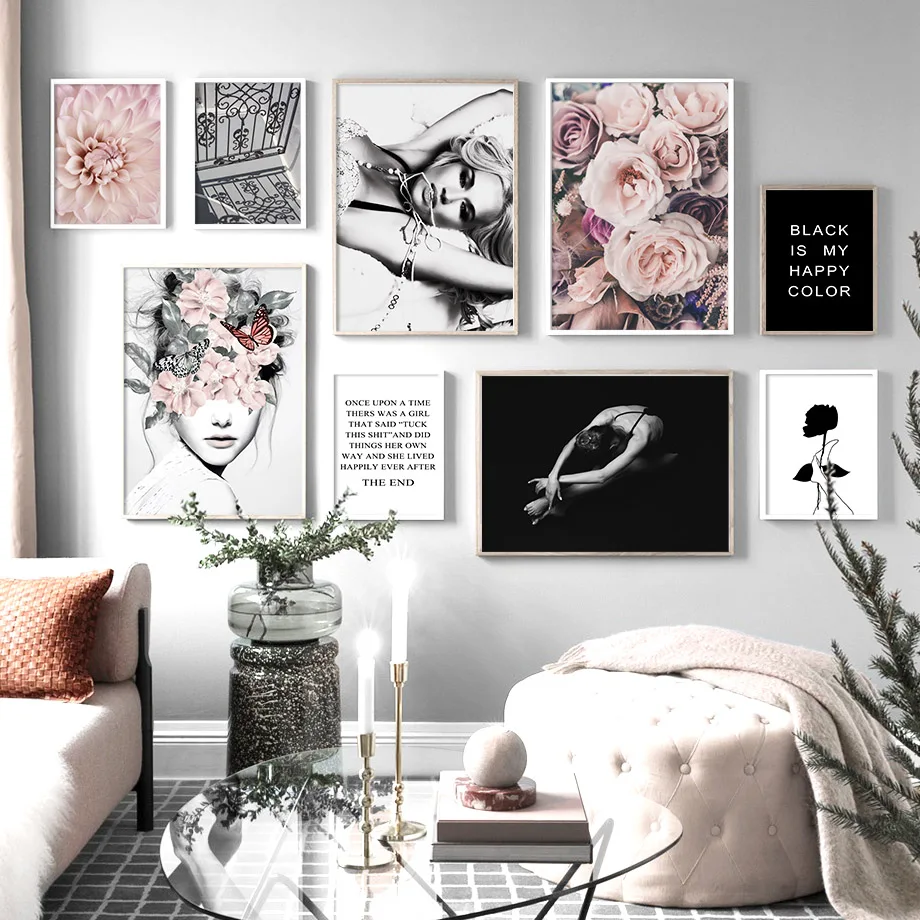 Цветы женские черно-белая художественная стена с цитатой холст живопись скандинавские плакаты и принты настенные картины для гостиной спальни Декор