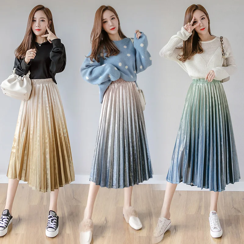 

Winter Autumn Women Aesthetic Pleated Skirt Pleuche Gradient Pink Blue High Waist Women Pleated Skirt Restro Vintage Women Skirt