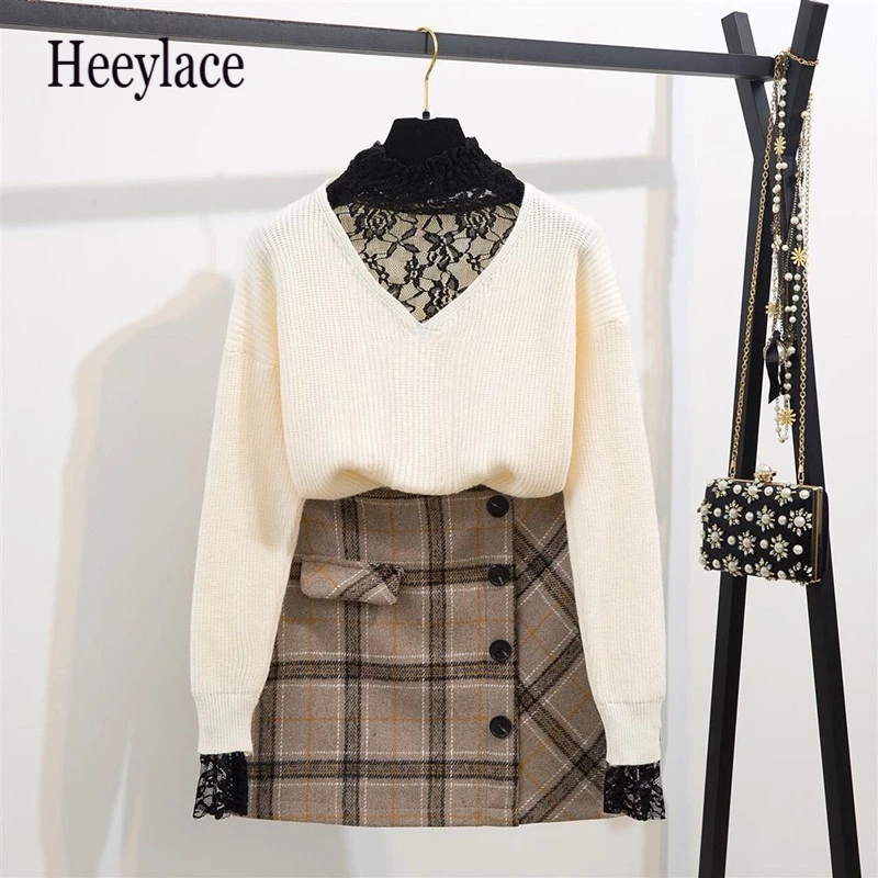 

2019 Autumn Winter Women Casual Lace Patchwork Knitted Sweater Pullovers 2pcs Set + Wool Pocket Trims Button Plaid Skirt Set
