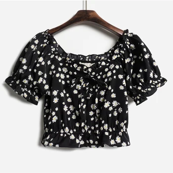 

Daisy T-shirt Women's Short Sleeve 2020 New French Square Collar Puff Sleeve Strap Short Top