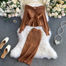 SINGRAIN Autumn Women Shiny Knitting Skirts Sets Lurex Ruffles Long Sleeves Wool Warm Sweater knitted Two Pieces Set Women