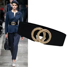 

Fashion Elasticity Wide Ladies Girdle Gold Alloy Buckle Trend Waistband All-Match Sweater Down Jacket Coat Accessory Black Belt