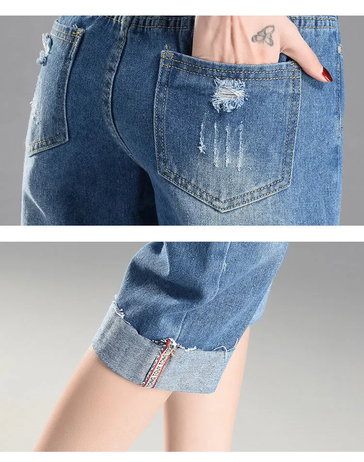 3006 летние женские джинсы, повседневные джинсы с эластичной резинкой на талии, женские джинсы с дырками длиной до середины икры, узкие прямые джинсы, женские джинсы, большие размеры