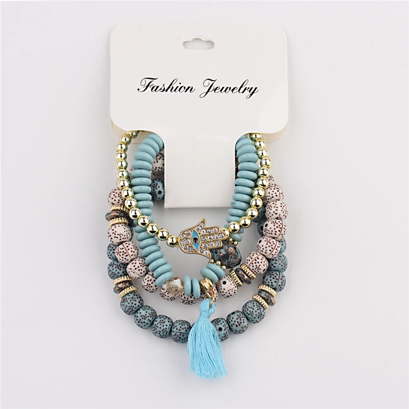 Vintage Bohemian Charm Bracelet Set with Natural Stone Beads and Tassel Pendants - 4 Pieces