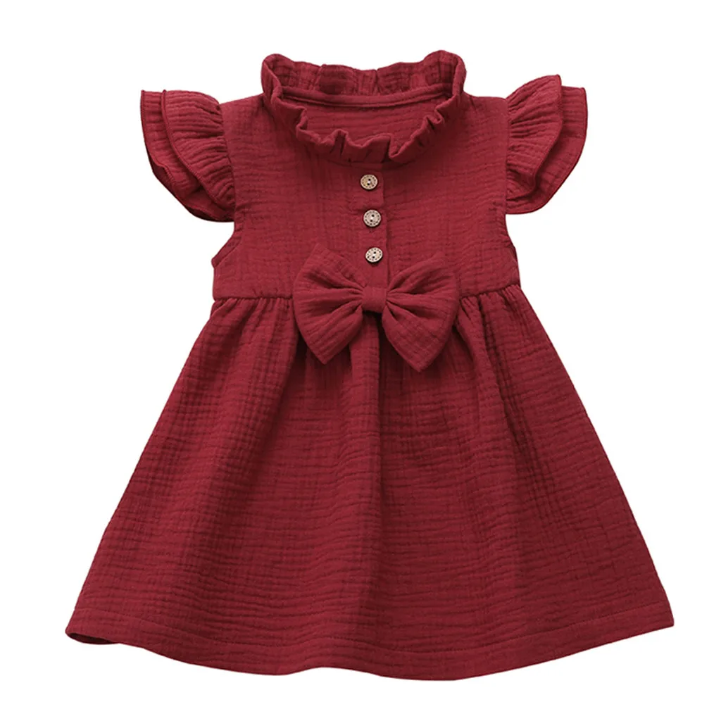 Wine Зимнее платье для девочек; однотонное льняное платье принцессы с рюшами и бантом для маленьких девочек; Повседневное платье для девочек - Цвет: Wine