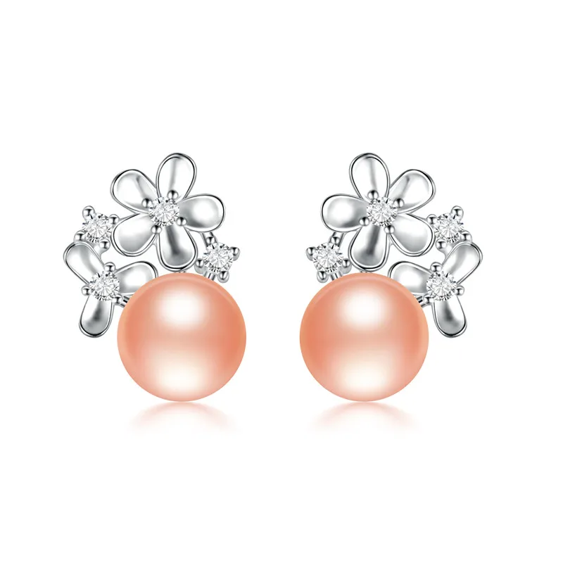 Dainashi 925 пробы серебряные серьги-гвоздики в виде цветка с цирконием настоящие серьги из натурального пресноводного жемчуга для женщин, хорошее ювелирное изделие - Цвет камня: Розовый