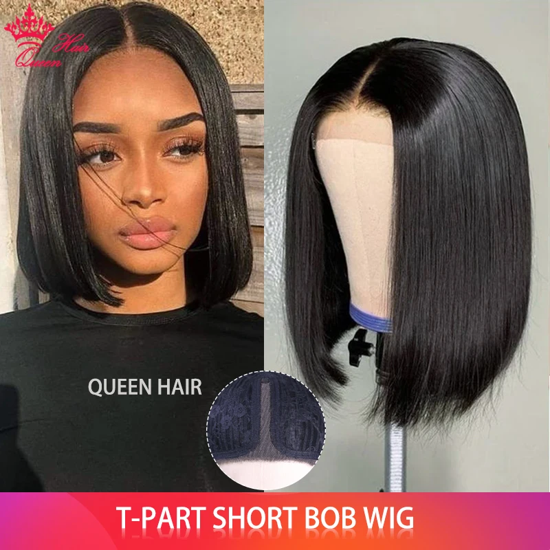 Queen Hair Official Store T Part Lace Bob Wig Brazilian Remy Human Hair Middle Part Short Human Hair Wigs Straight Free Shipping