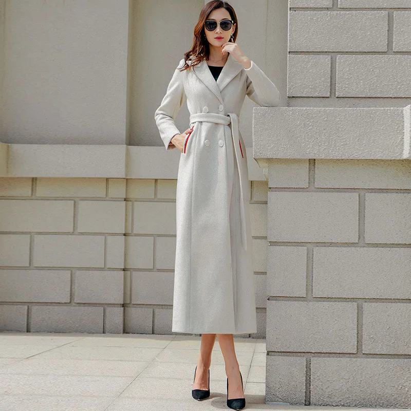 

Luxury Beige Thick Warm Women Wool Coat with Belt Plus Size 3XL Double Breasted Patchwork Pocket Fashion Women Winter Coat G822
