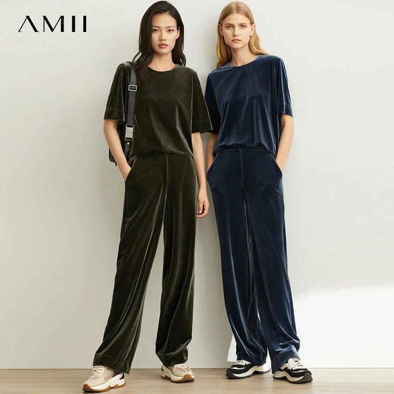 Amii весенне летний Стильный Бархатный комплект однотонная блузка с круглым