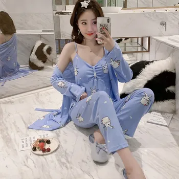 

Women Sexy Pajamas Sets Luxurious Lightweight Long Sleeve Sling With Chest Pad Pajamas With Belt Pants Pajamas Set