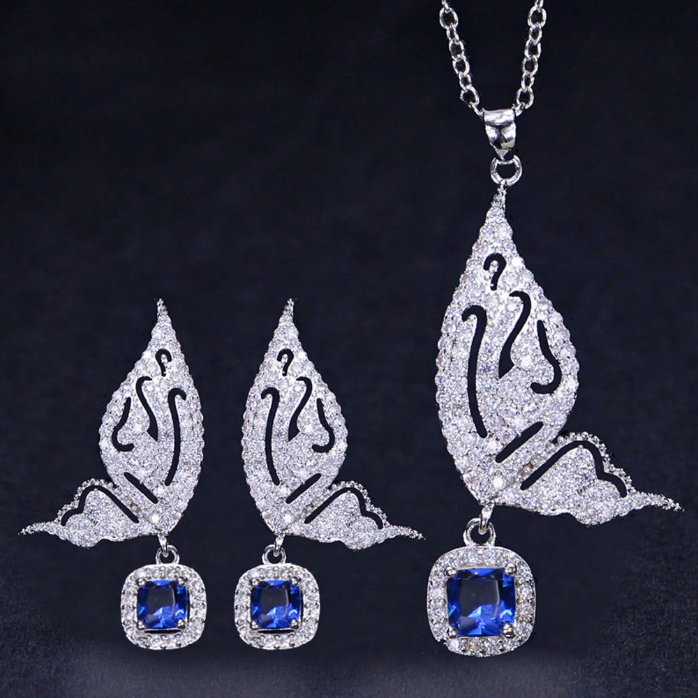 Blue ThreeGraces Яркие бабочки 925 Серебряный кубический цирконий микро проложить Желтый Кристалл Висячие серьги ожерелье Модные наборы ювелирных изделий JS238 - Окраска металла: Blue