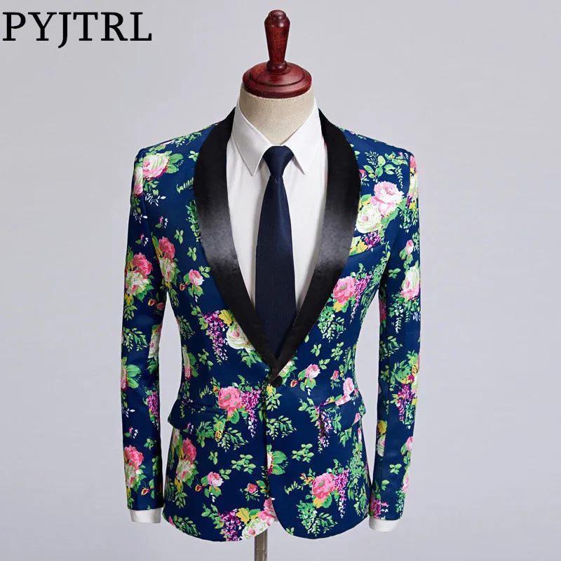 PYJTRL Brand New Tide Men Blazer Designs Dark Blue Pink Flower Pattern ...