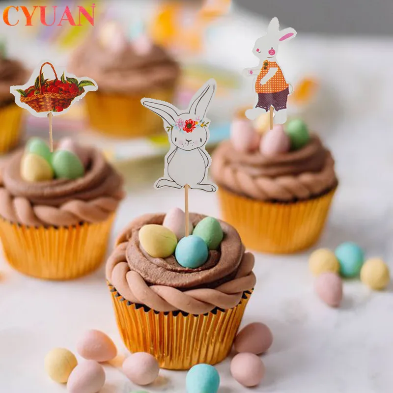 

24pcs Easter Decoration Cupcake Topper Rabbit Flower Cake Topper Kids Birthday Party Cake Decoration Happy Easter Party Supplies