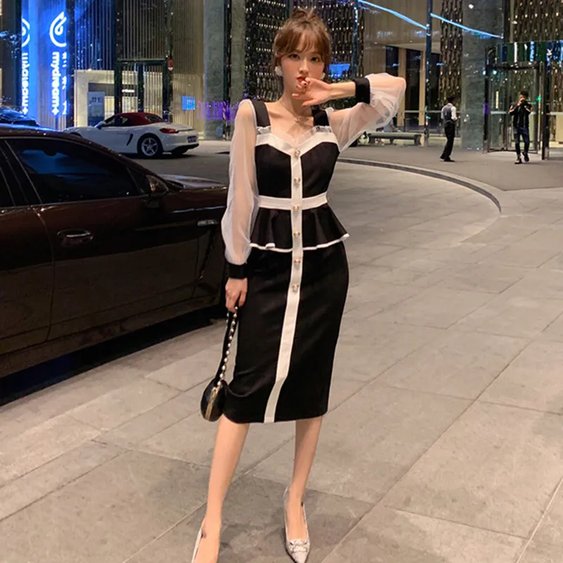 Женское офисное платье-карандаш розовое Сетчатое лоскутное платье с длинным