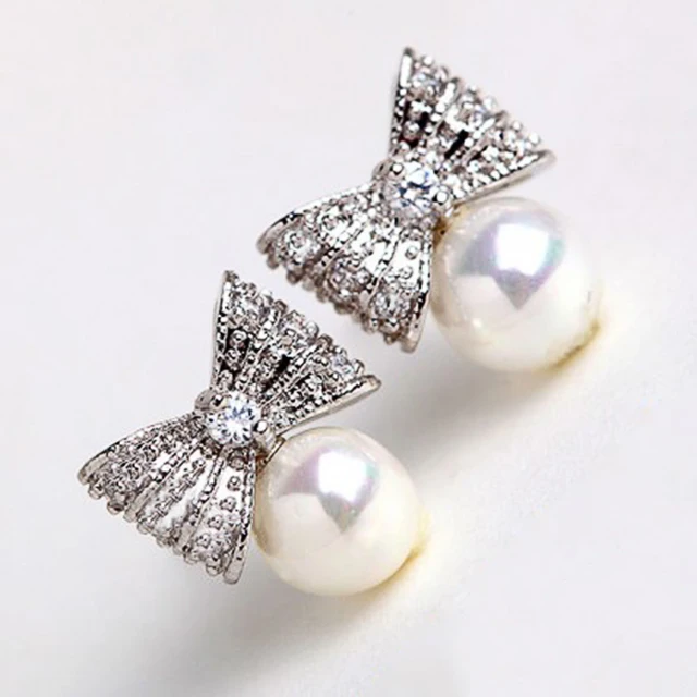 Huitan Female Bow Imitation Pearl Stud Earrings Romantic Bridal Wedding Accessories Elegant Women Earrings Gifts Fashion Jewelry 3