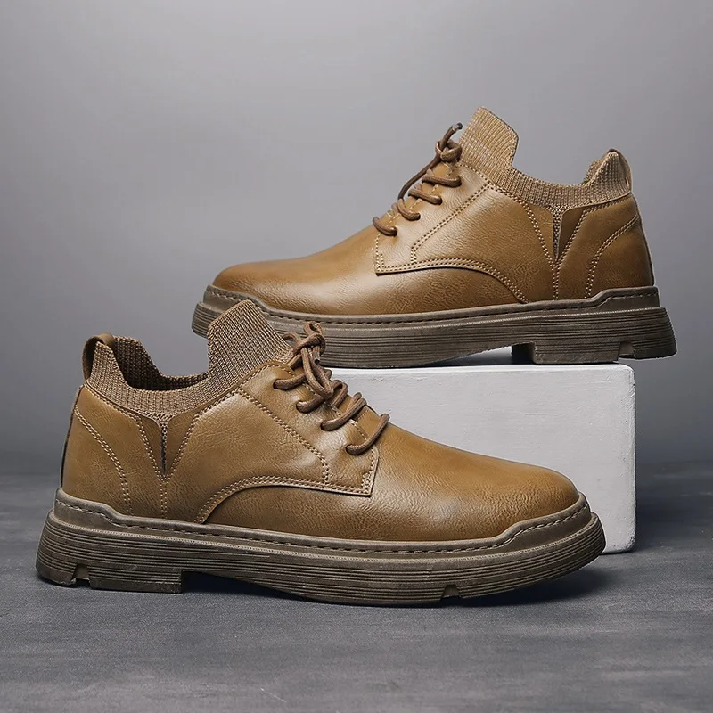 

2021 spring and autumn new men's casual shoes trendy fashion wild Martin boots lightweight low-top shoes leather shoes increase