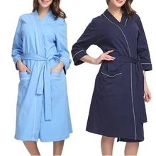 Хлопковое кимоно с карманами домашняя Элегантная ночная рубашка с длинными рукавами с поясом для ванной Повседневная одноцветная одежда для сна женский халат Loungewear