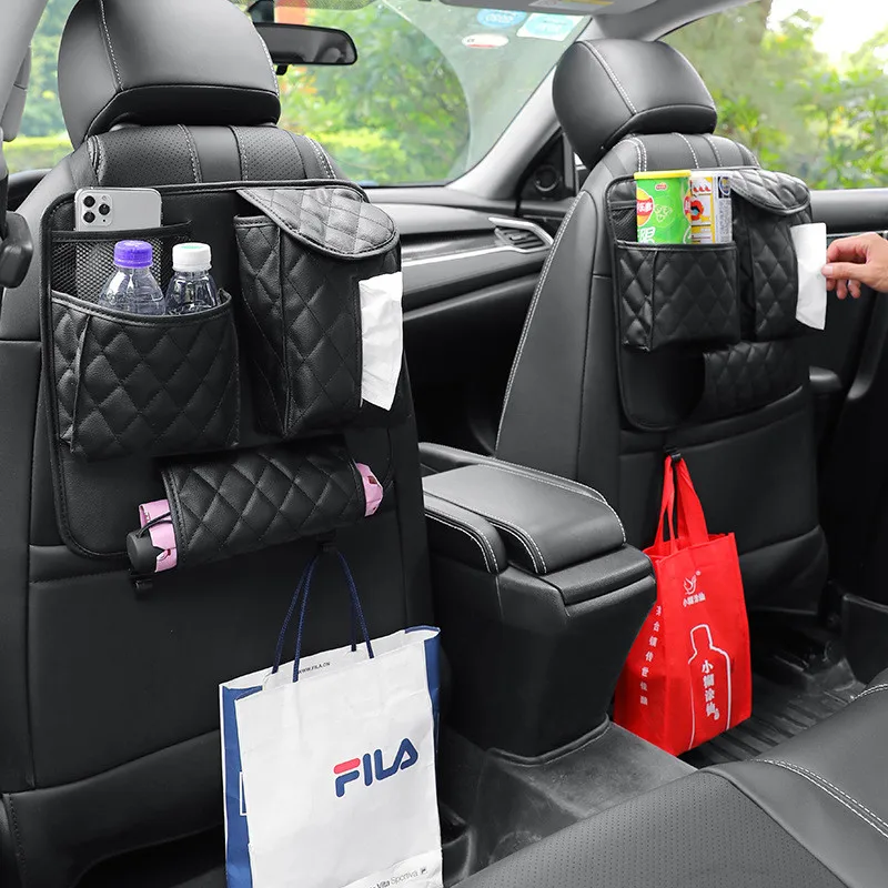 Sac de rangement arrière de siège de voiture en cuir PU filets de rangement  automatique, pochettes multiples pour téléphone, mouchoirs, bouteille d'eau  avec 2 supports de cintres - AliExpress