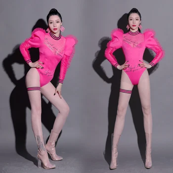 

Red Rhinestone Lace DS Costume Female Singer Stage Wear Bodysuit Women Long Sleeve Jumpsuit Stage Outfit Singer Sexy Clothing