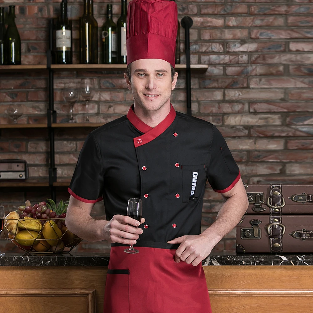 Short Sleeve Restaurant Chef Kitchen Work Uniforms Double Breasted Sushi Bakery Cafe Waiter Catering Food Service Jackets Aprons