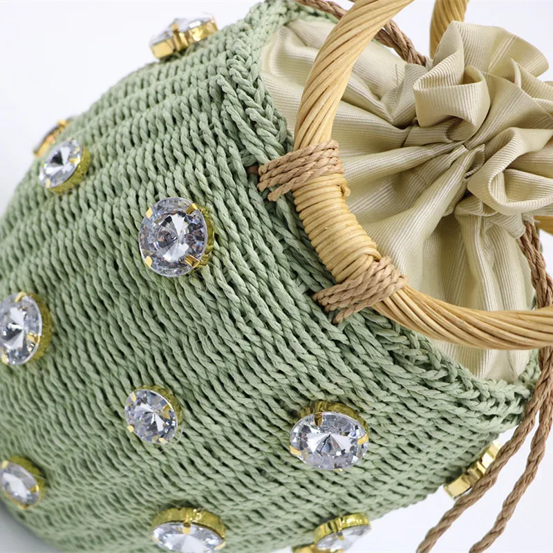 Handmade Rhinestone Crystal Embellished Straw Bag Small Straw Bucket Bags Lady Travel Purses and Handbags