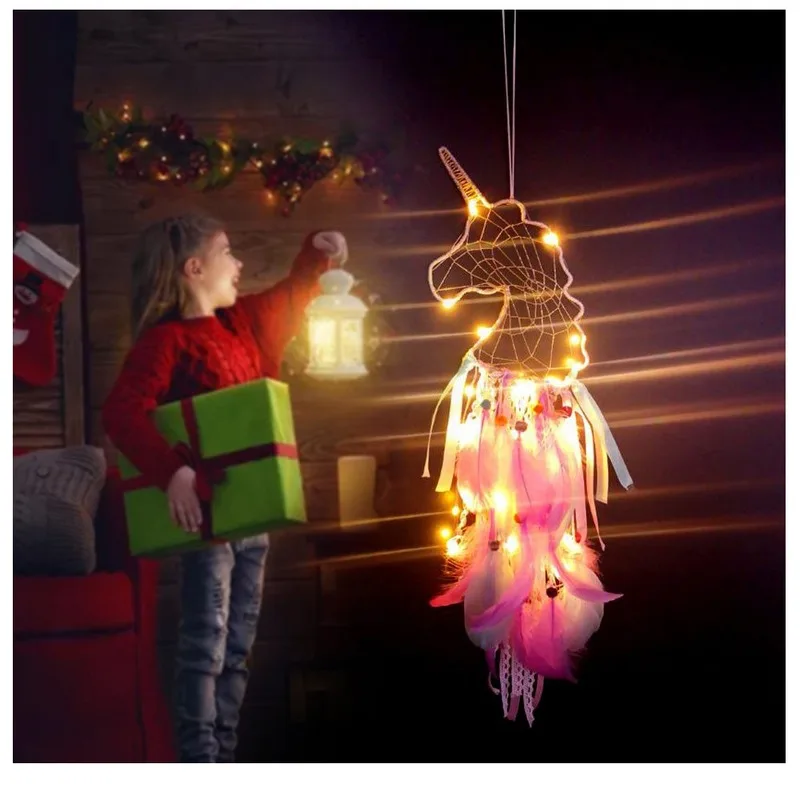 

Ins Unicorn Dream Catcher Light Creative Hanging Catch Decoration Pendant with Lights Dreamcatcher Led Decorations Home Hotel
