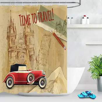 

Bathroom Waterproof Fabric Shower Curtain Set Vintage Building Church Retro Car