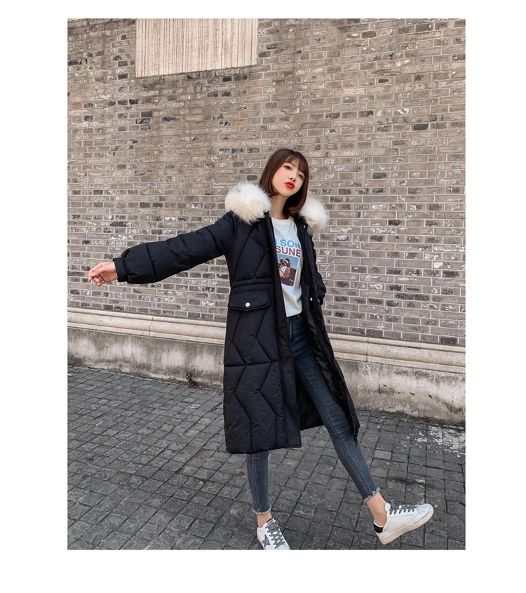 According to Nalini Korean-style Slim Fit Autumn& Winter down Jacket Long Loose-Fit Large Fur Collar Cotton Overcoat Coat