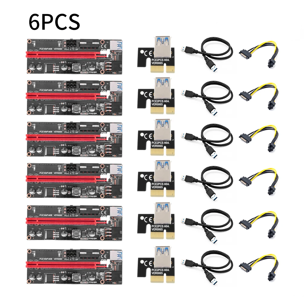 Nueva llegada PCI-E Riser 6 unids/pack USB 3,0 PCI-e Riser Ver 009S Express 1X a 16X extensor Riser adaptador 15 A 6 Pin Cable de alimentación