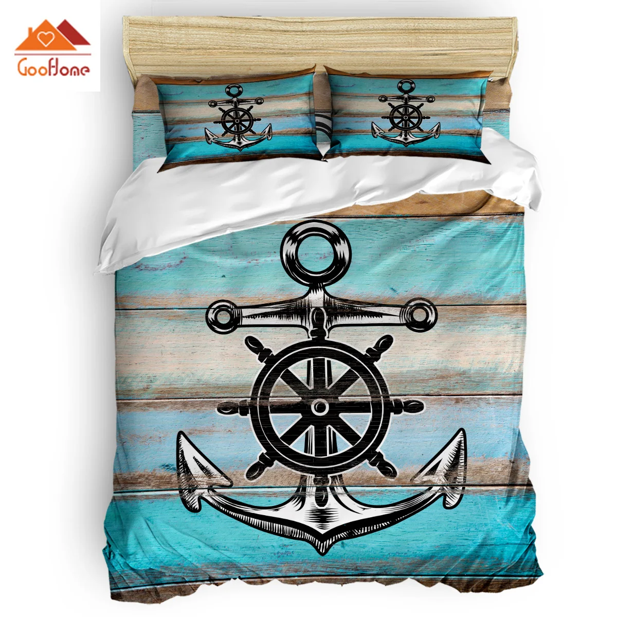

Retro Wood with Anchor Nautical Style Duvet Cover Set Vintage Floral Art Design Collection of 3/4pcs Bedding Set Bed Sheet
