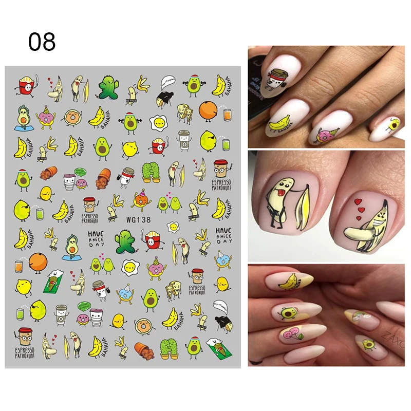 1 лист стикеры 3D на ногти Nail Art красочные фрукты, цветы узоры для ногтей Self-клейкий трансферный дизайнерский Декор "сделай сам" наклейки Бумага - Цвет: 08