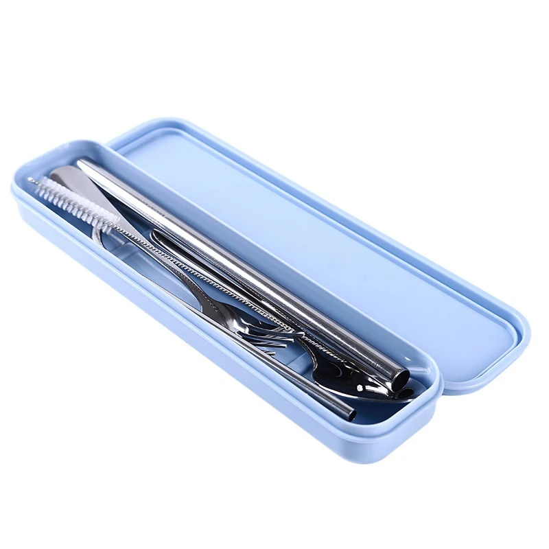 7pcs Dinnerware Set Stainless Steel Travel Camping Cutlery Set Reusable Metal Straw Spoon Fork Chopsticks Case