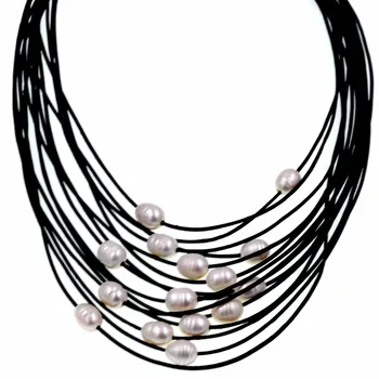 

10-11mm Real White Freshwater Pearl Necklace Leather Cord Magnet Clasp Leathers Pearls Necklace
