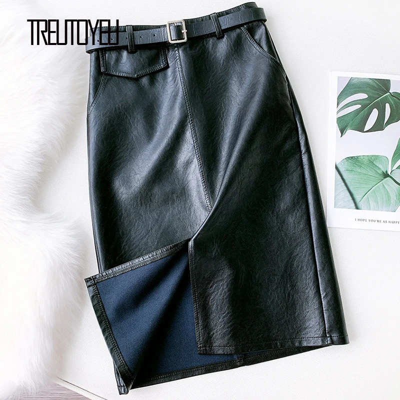 

Winter Autumn Elegant Black Pencil Skirts with Belt Vintage Front Split Midi Leather Skirt Women faldas mujer moda 2020