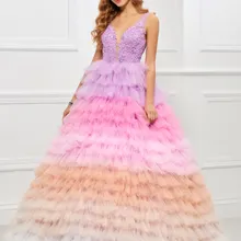 Tanpell принцесса Красочные бальное платье V шеи аппликация тюля украшенного бусами слоев многоуровневый Дизайнер бальное платье
