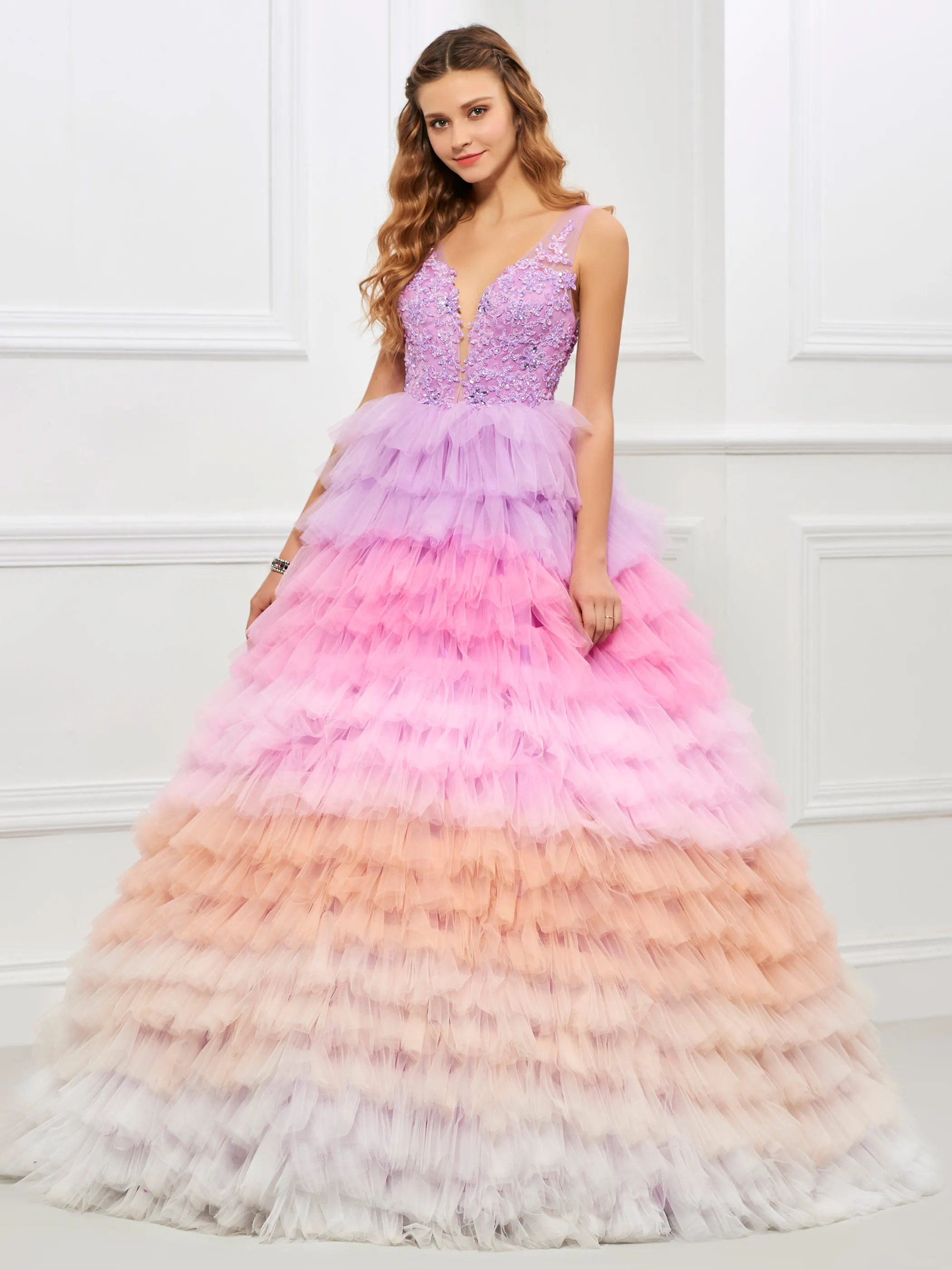 

Tanpell Princess Colorful Ball Gown Quinceanera Dress V Neck Appliques Beading Tulle Layers Tiered Designer Quinceanera Dress