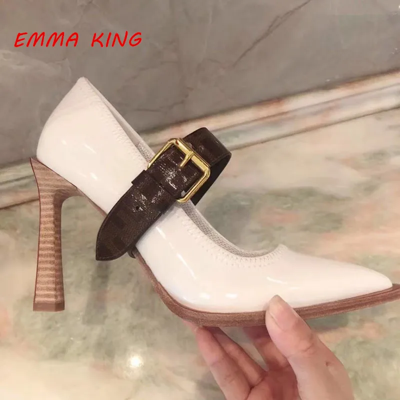 

Leather Front Buckle Design Women Shallow Pumps New Spring Autumn Pointed Toe Stiletto High Heels Shoes Woman 2020 Black /White