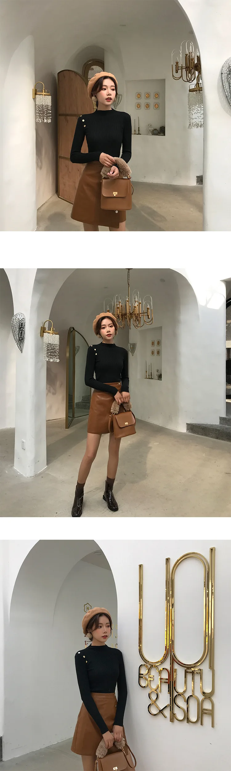 Autumn winter new solid interior sweater tight half high collar button long sleeve knitwear women's slim Pullover sweater