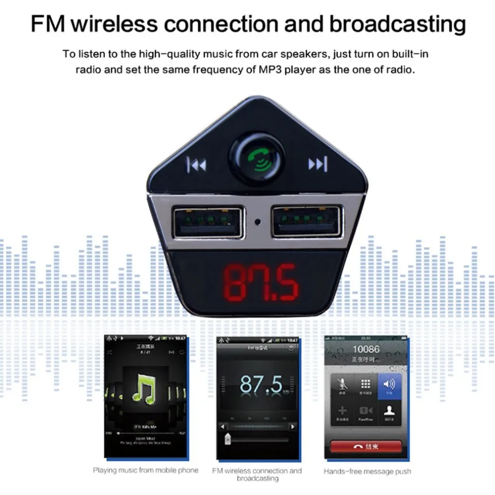 Двойной USB Bluetooth автомобильное зарядное устройство комплект громкой связи FM передатчик батарея мониторинг напряжения автомобиля MP3 музыкальный плеер