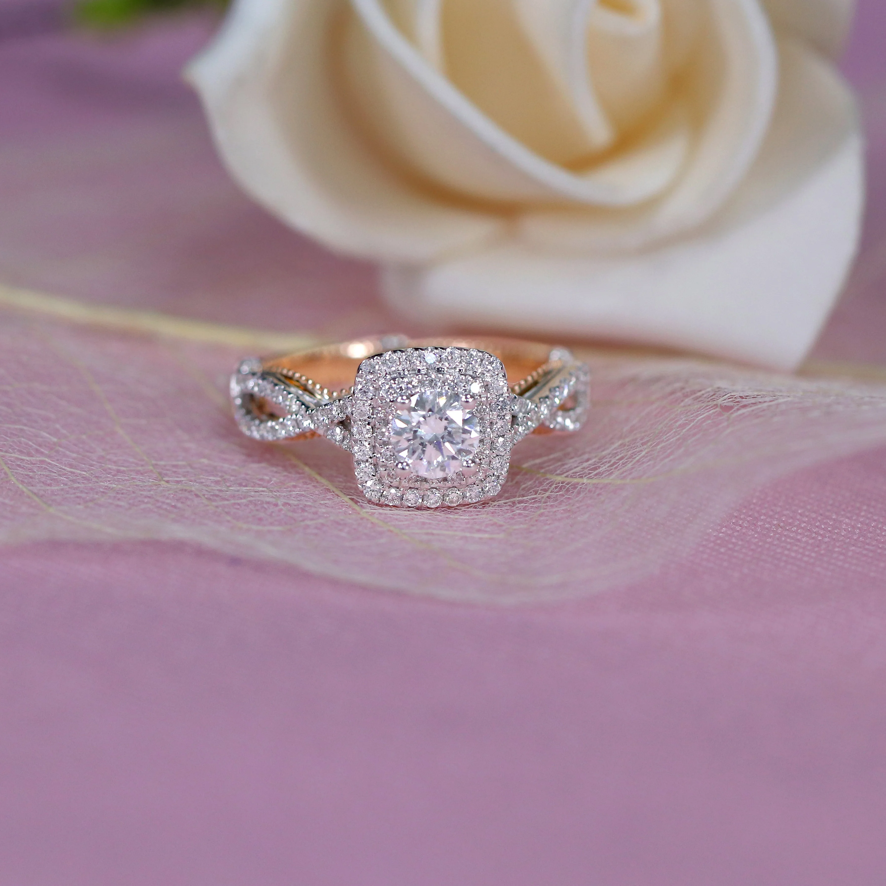 TransGems, 14 K, 585, белое и розовое золото, центр, Круглый, 0.5ct, 5 мм, F цвет, Муассанит, обручальное кольцо с ореолом для женщин