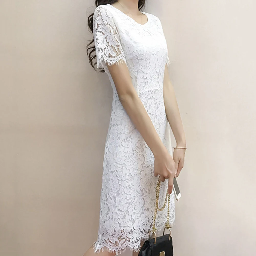 Summer Women fashion lace Dress Round Neckline Short Sleeves Crochet Lace Dress