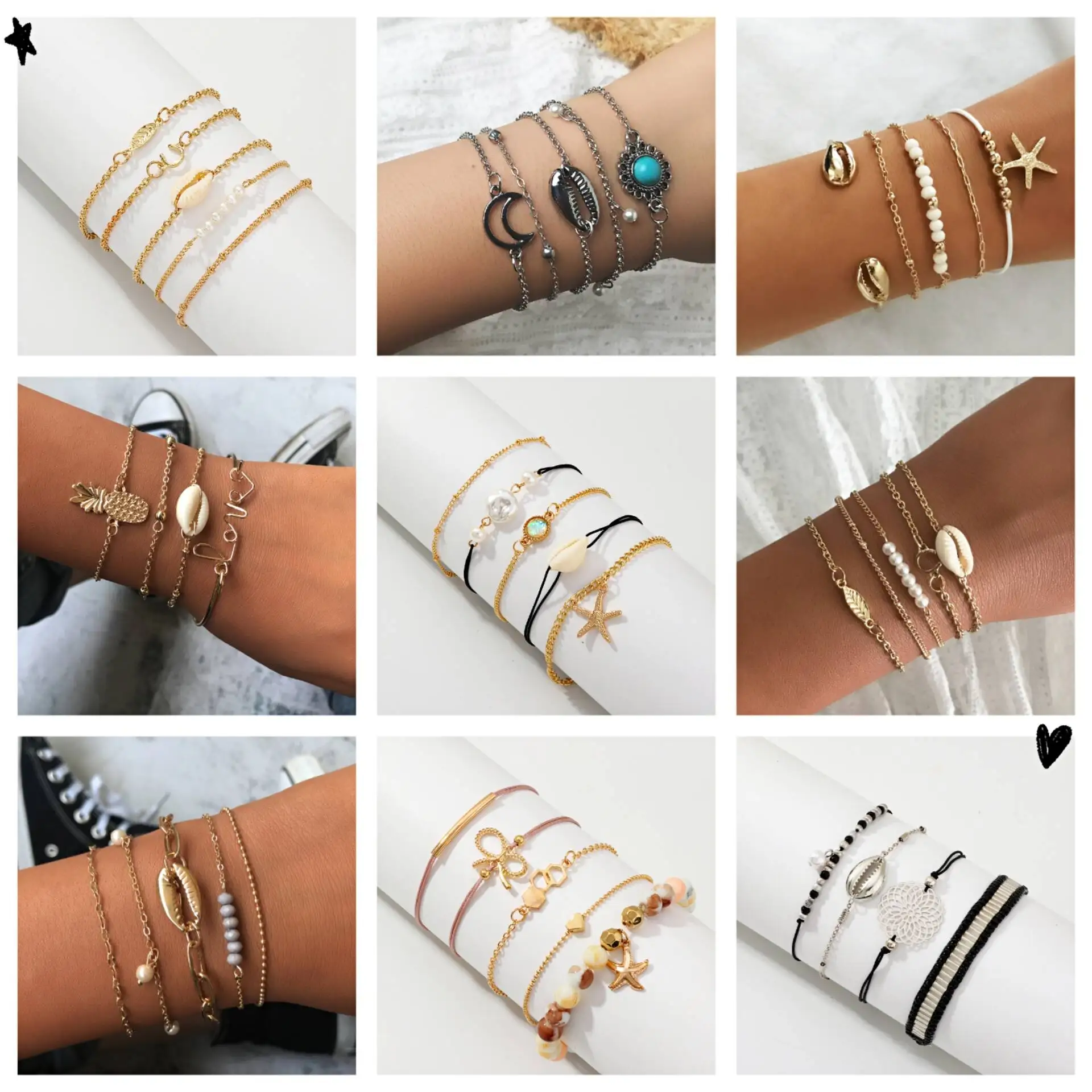 

Creative Moon Chain Rope Metal Star Shell Bracelets Combination for Women 2019 High Quality Fashion Bracelet Daily Life Present