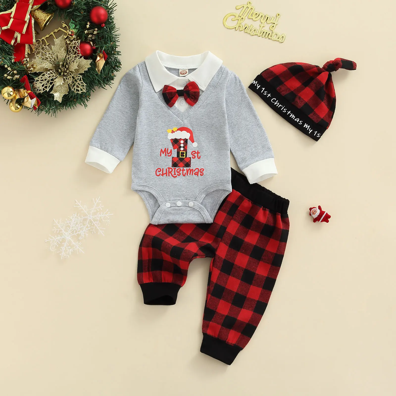 My 1st Christmas Outfit Baby Boys Girls Romper+Red Plaid Pants+Hat 3Pcs Clothes Set 0-12 Month 