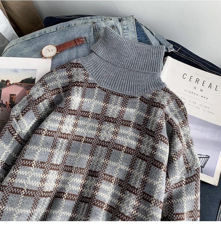 Winter Turtleneck Sweater Men's Warm Fashion Casual Retro Knit Pullover Men Streetwear Plaid Sweater Male Sweter Clothes
