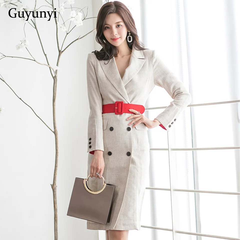 

Plain Color Office Lady Dress 2019 Autumn High Waist Decorative Belt Notched-Neck Long Sleeve Elegant Party Dress Women