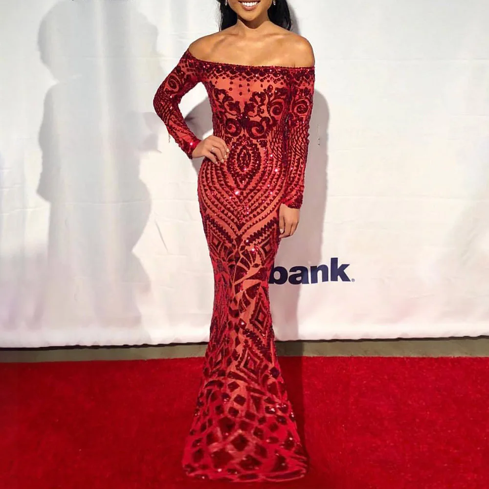 

Red Luxury Sequins Evening Party Dress Women Sexy Off Shoulder Summer Mermaid Long Dresses African Wedding Robe De Soiree