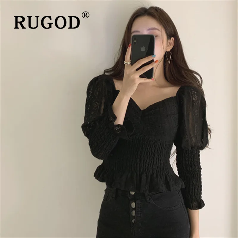 RUGOD Весенняя Элегантная блузка женские блузки короткий топ с длинным рукавом корейская модная одежда женские рубашки кружевная рубашка с рукавом-фонариком