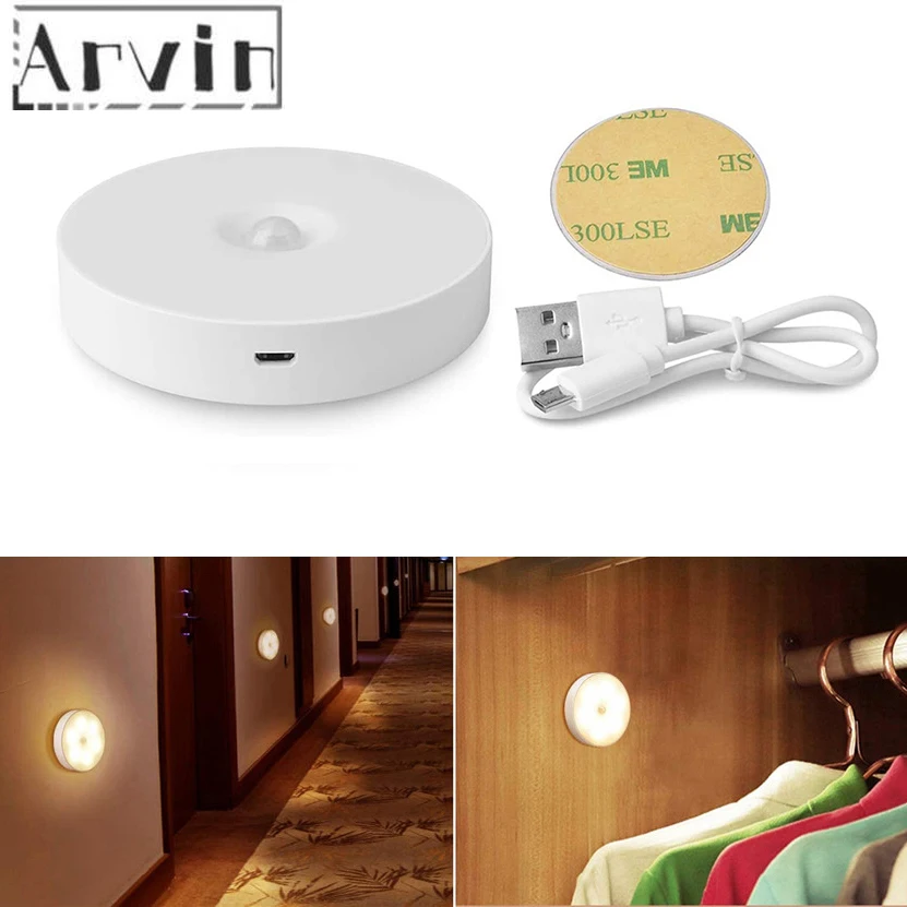 

USB Rechargeable 6LED LED Motion Sensor Night Light Lamp Auto on/Off Magnet Closet Wall Light for Cabinet Bedside Baby Room