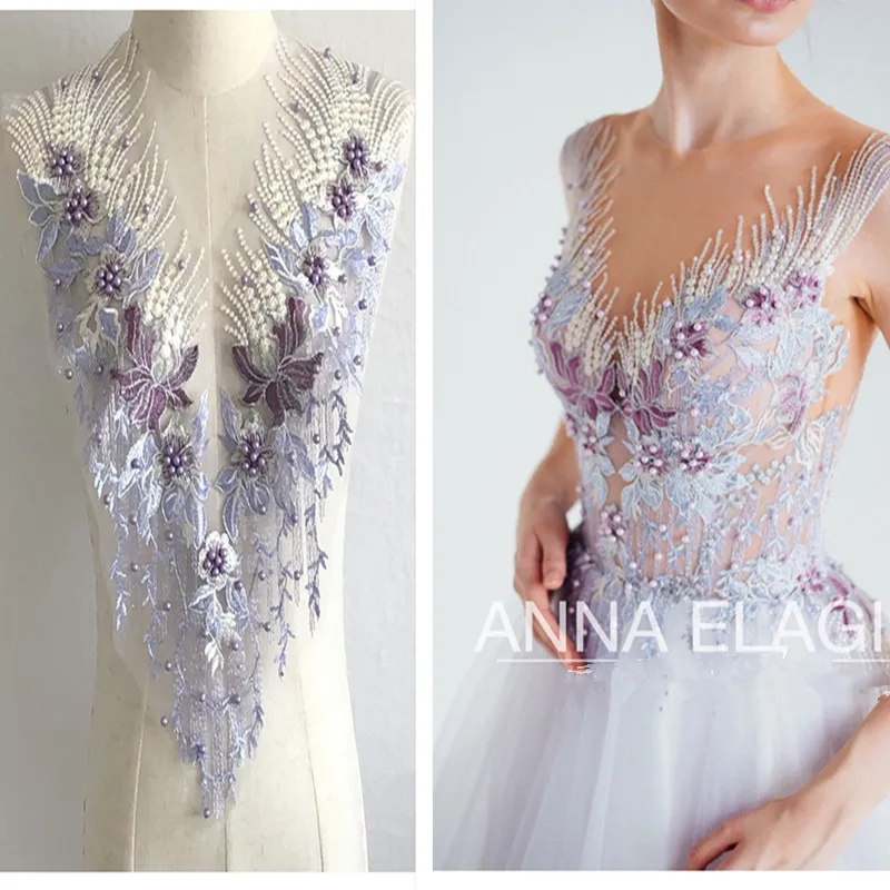 1Pcs Beaded Fabric Patch Flower Mesh Embroidered Collar African Lace Applique Sew On Wedding Dress Clothes Patchwork Diy Blue | Дом и сад