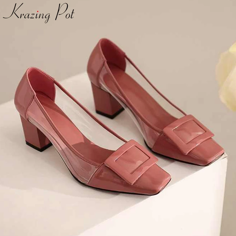 

Krazing pot sweet genuine leather ladies shoes fashion square toe high heels spring dating streetwear slip on women pumps L16